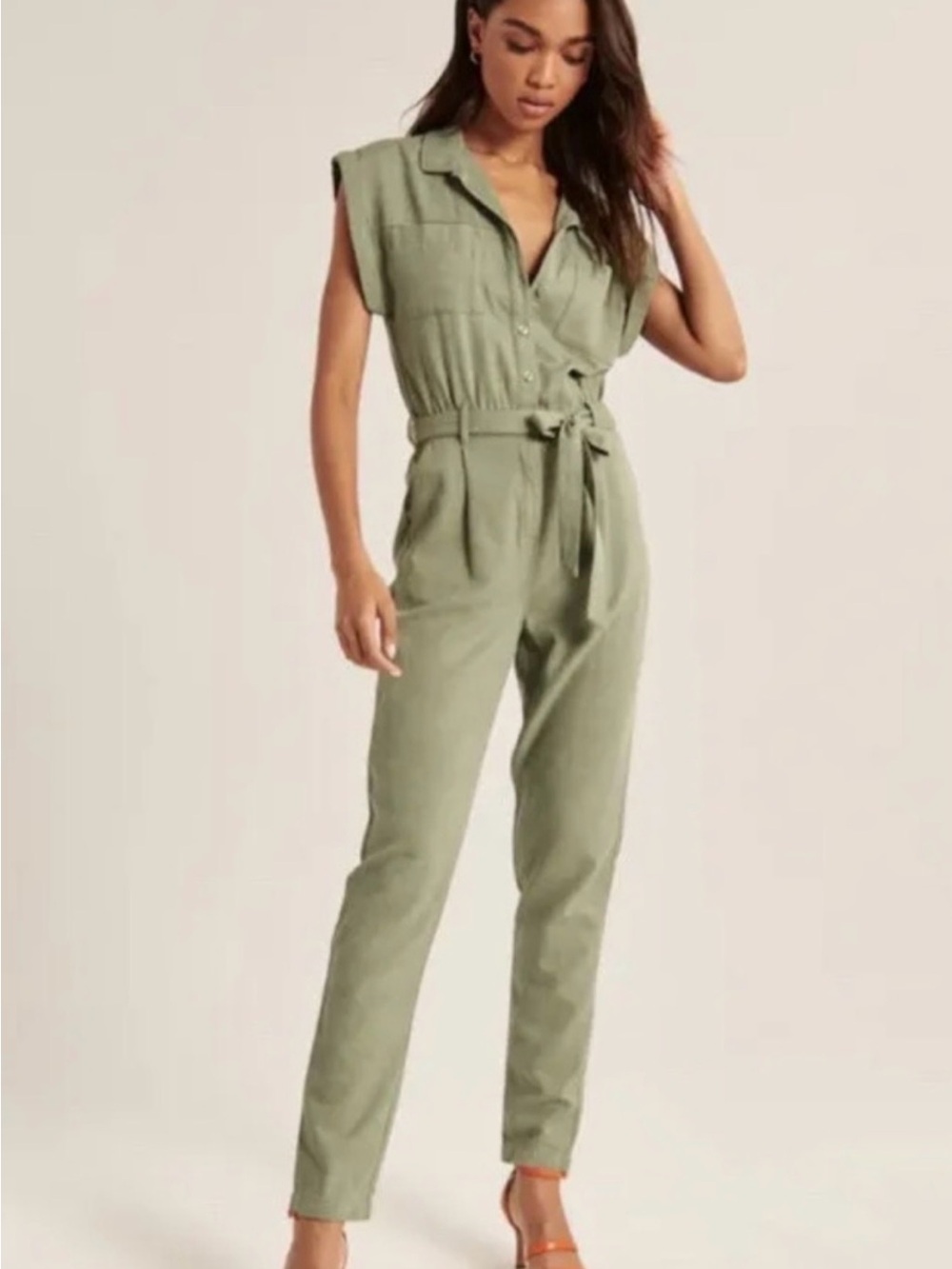 Abercrombie & Fitch Olive Green Sleeveless Utility Jumpsuit with Tie Waist